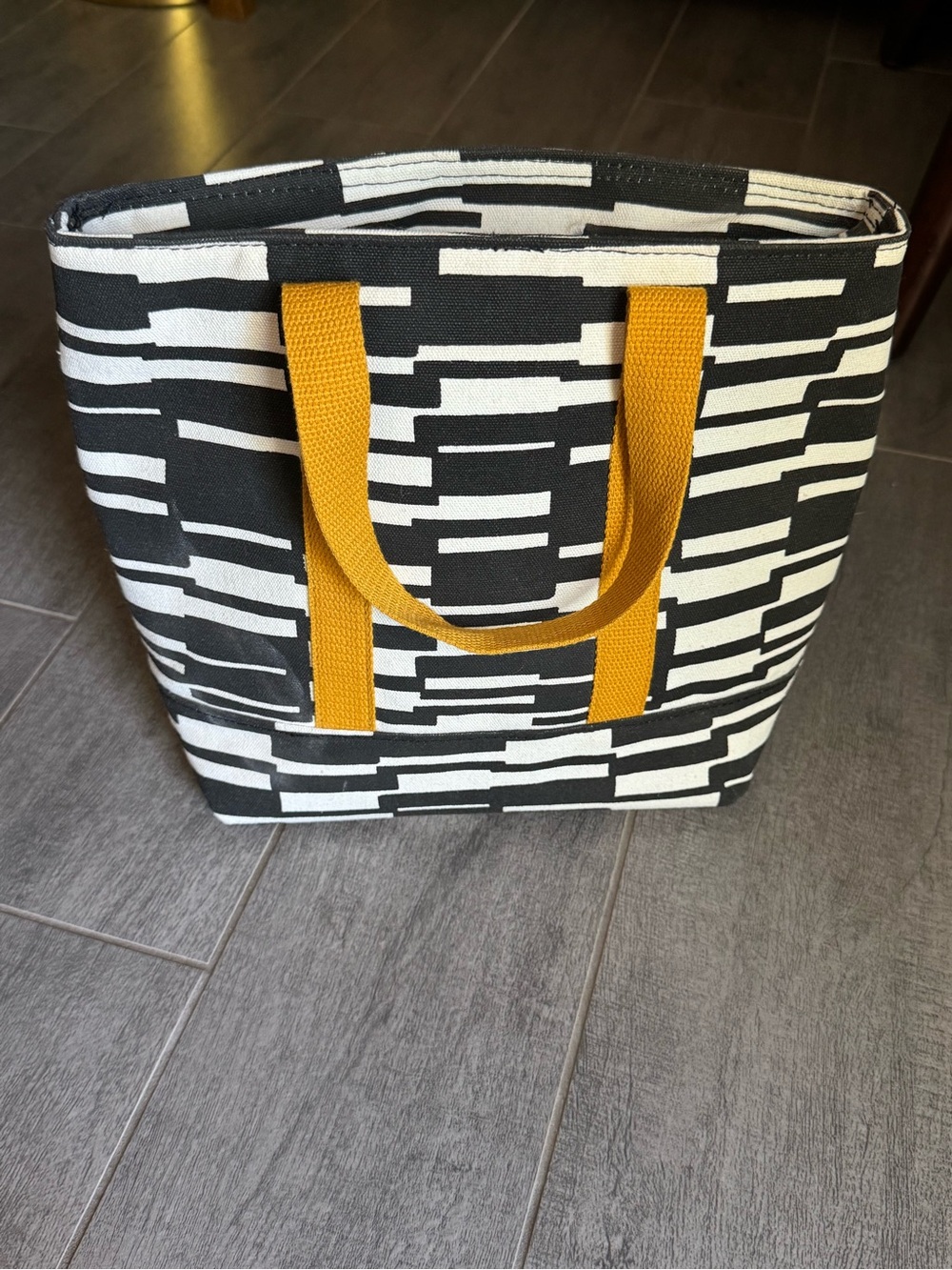 Insulated Black & White Patterned Canvas Lunch Tote with Mustard Handles